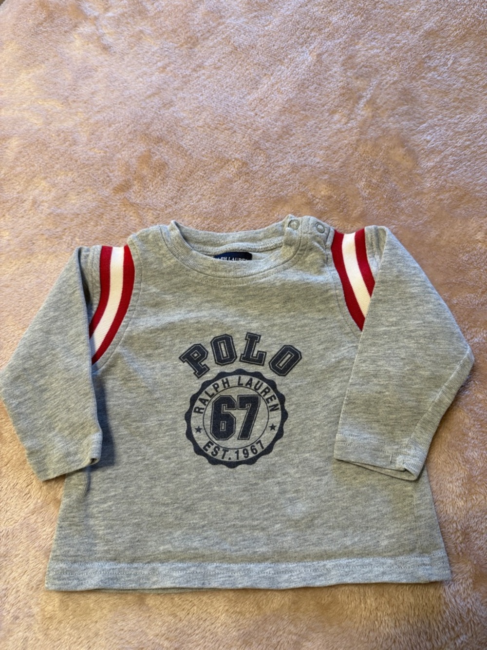 Ralph Lauren Gray Long-Sleeve Tee with Red Stripe Shoulders